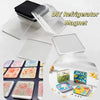 DIY refrigerator magnet craft kit showing various colorful acrylic magnets and a black magnetic holder
