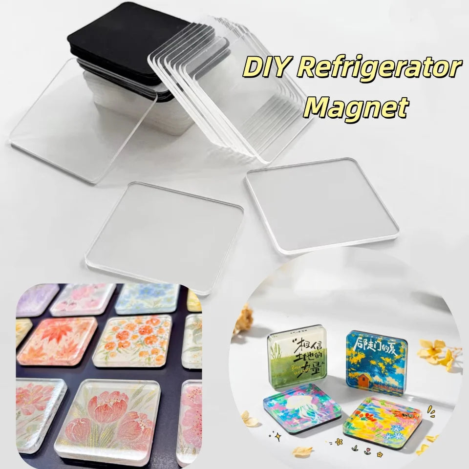 DIY refrigerator magnet craft kit showing various colorful acrylic magnets and a black magnetic holder