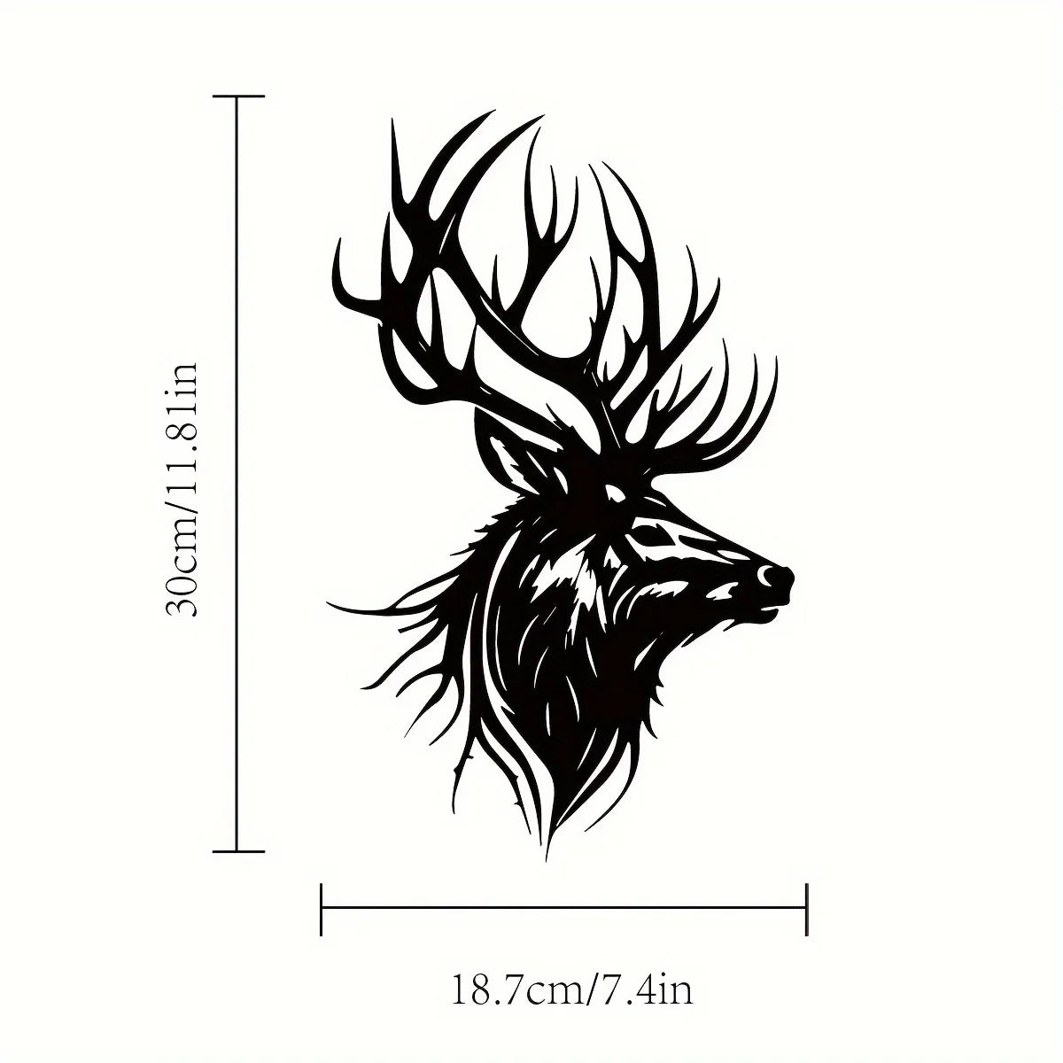Black metal deer head wall sculpture silhouette with antlers and detailed fur