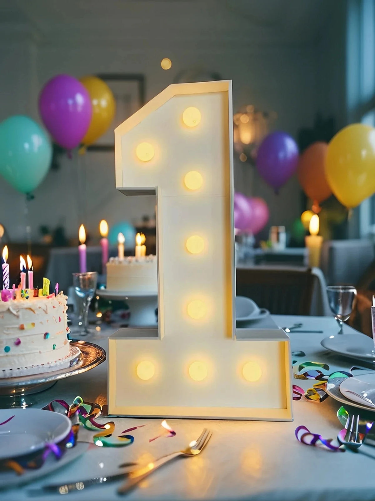 A large illuminated number one marquee sign made of LED lights stands on a table surrounded by balloons and birthday decorati