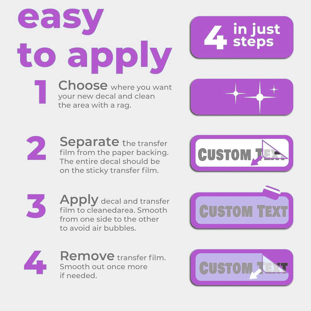A four-step guide for applying vinyl wall decals, showing steps like choosing, separating, applying, and removing the decal.
