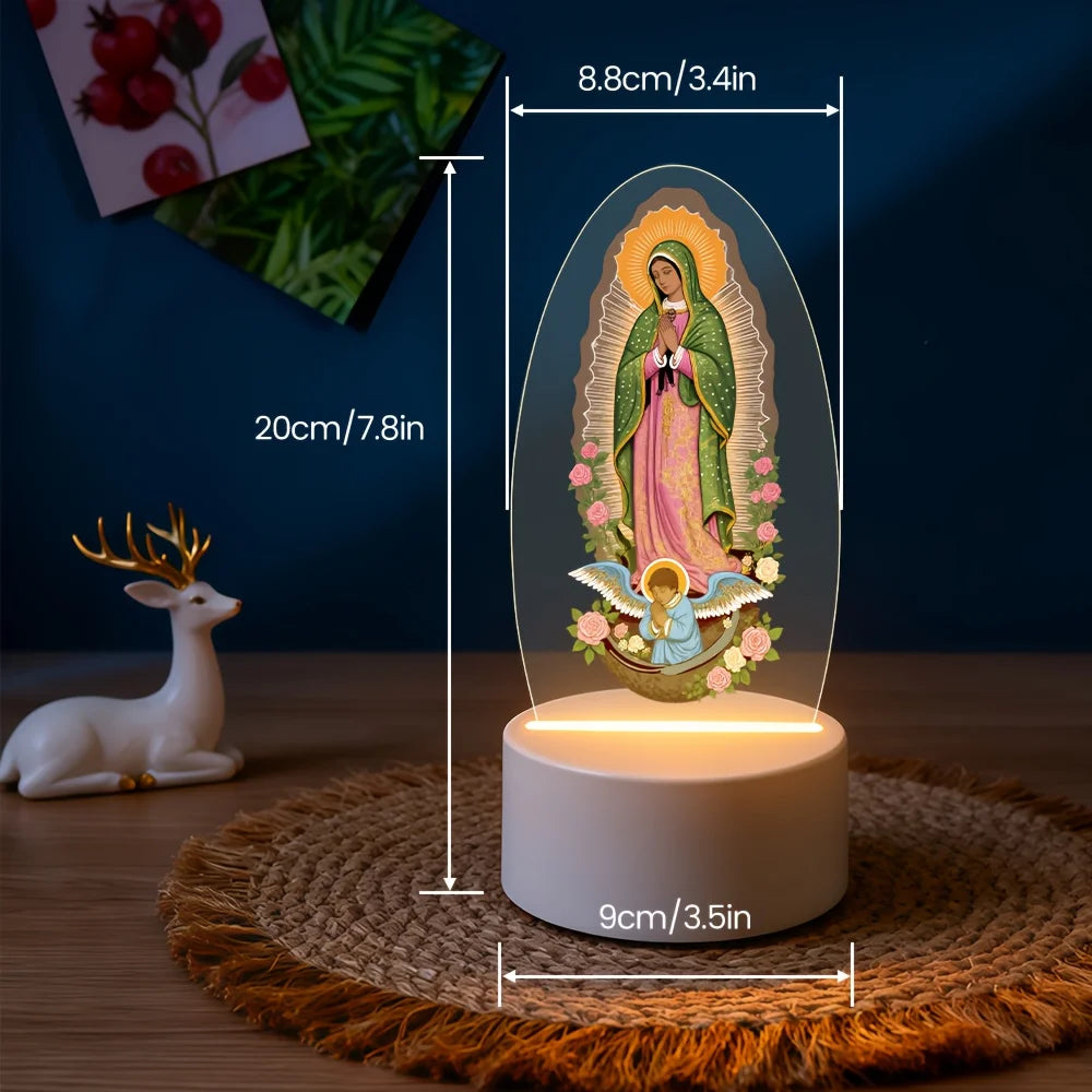 Lampe de nuit décorative rétro avec une statue de la Vierge Marie et un ange sur une base en bois.