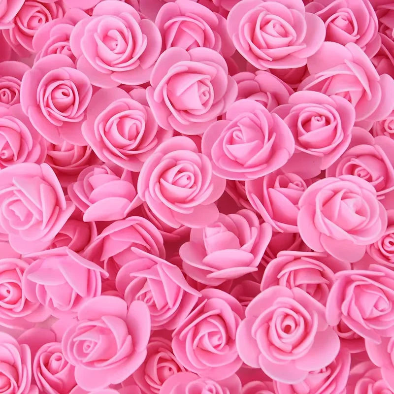 A dense bulk pack of realistic pink foam rose flowers for weddings and events.