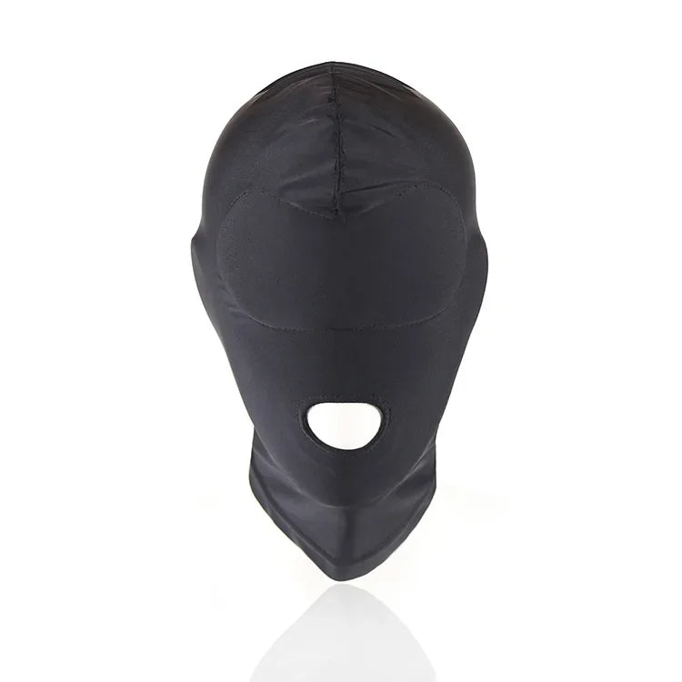 Black BDSM head harness and blindfold for roleplay