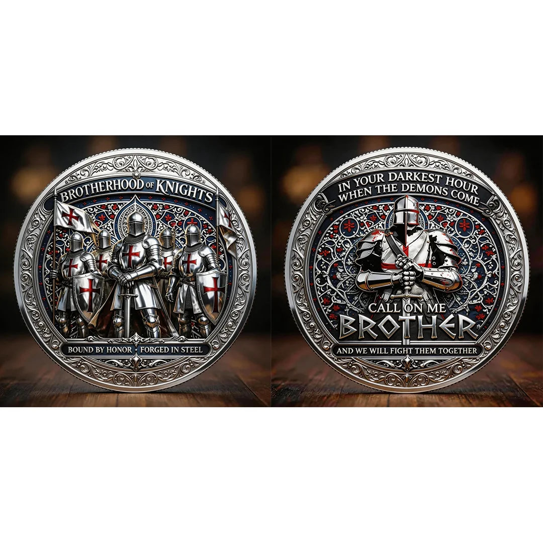 A round challenge coin featuring three armored knights and text commemorating the Brotherhood of Knights.