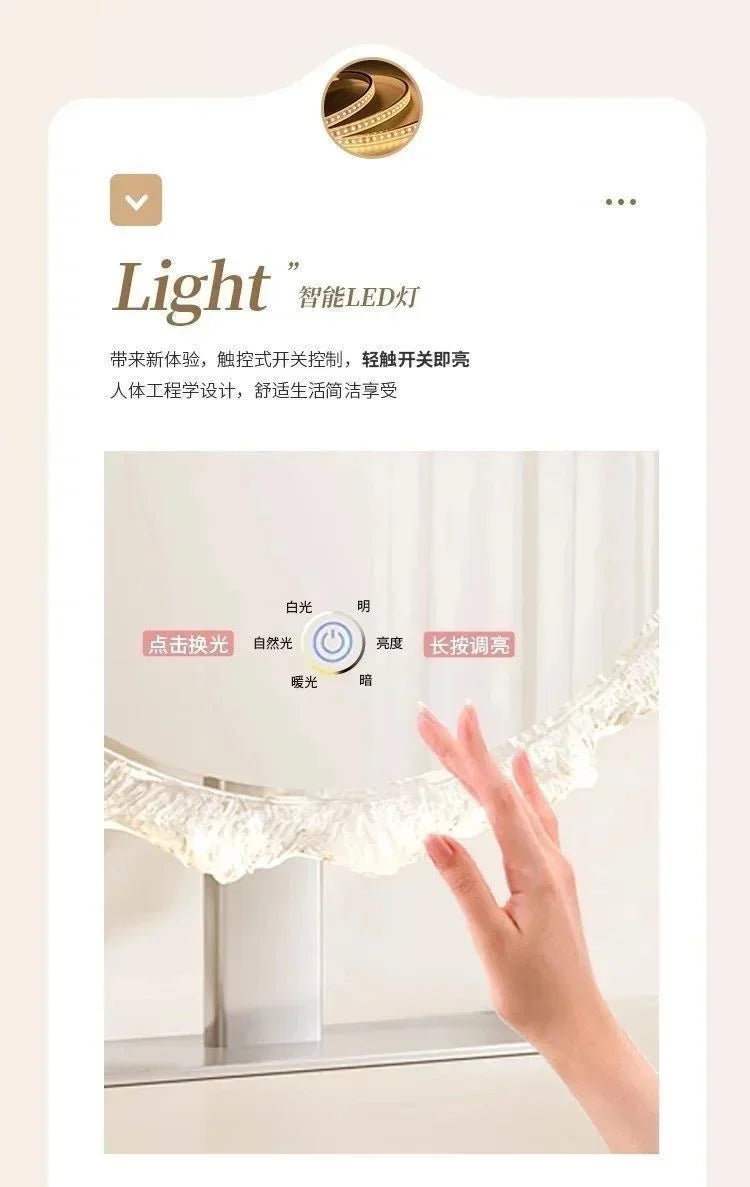 A hand is adjusting a white LED vanity mirror with adjustable light settings in a bathroom setting.