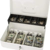 A white lockable metal cash box with an organizer tray and two keys.