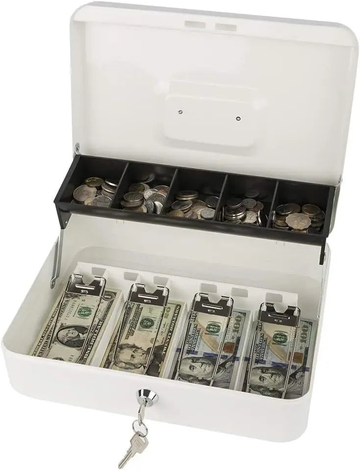 A white lockable metal cash box with an organizer tray and two keys.