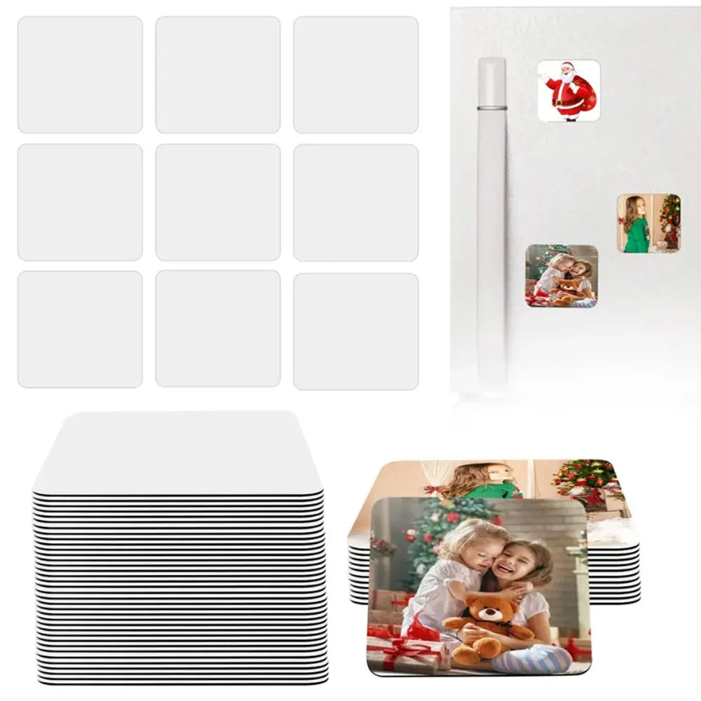 A set of ten white sublimation blank fridge magnets arranged in a grid, displayed next to a vertical bottle and some decorati