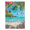 A vibrant diamond painting featuring tropical flowers and lush green palm leaves against a bright blue ocean backdrop.