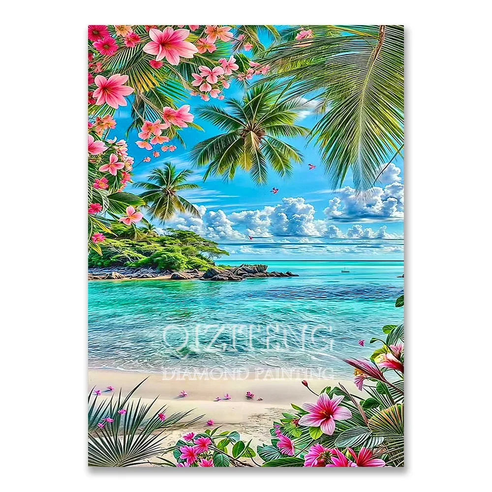 A vibrant diamond painting featuring tropical flowers and lush green palm leaves against a bright blue ocean backdrop.