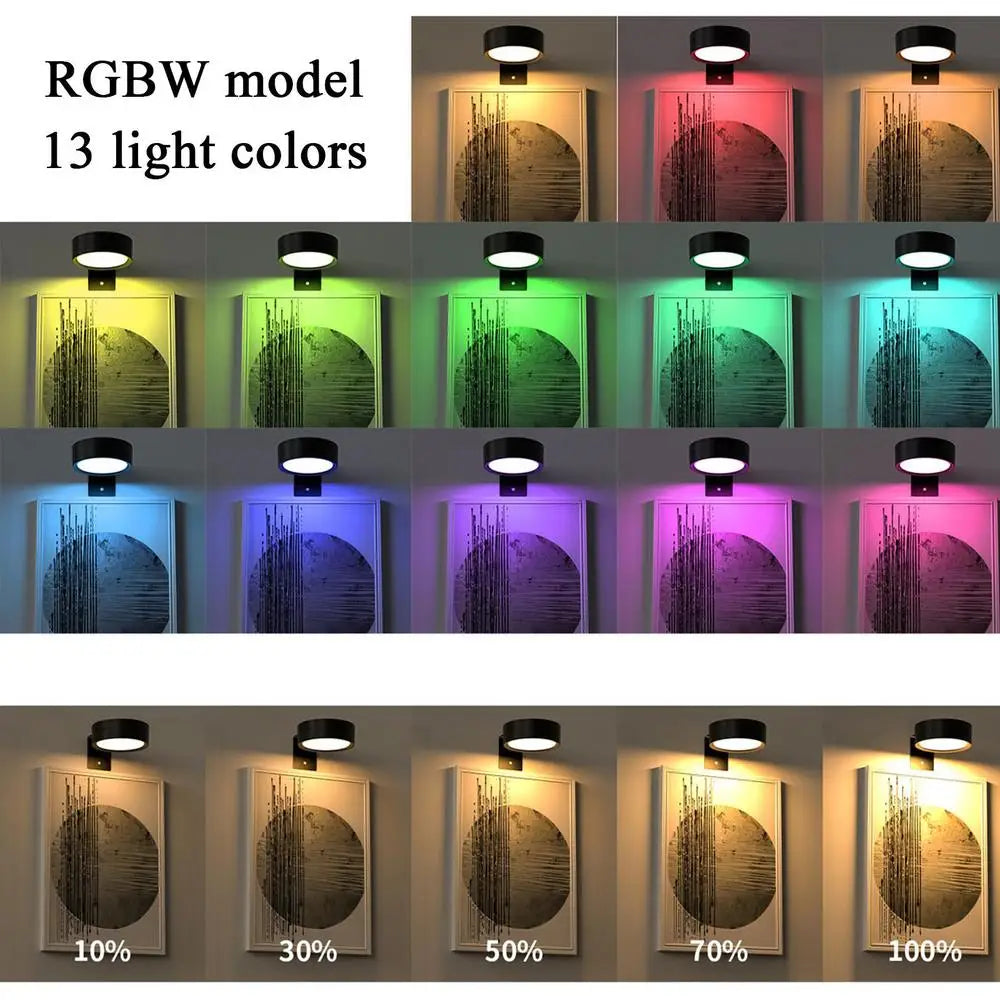 A grid showing various light colors of an RGBW model picture light, demonstrating 10% to 100% brightness levels.