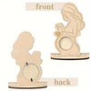 A wooden baby ultrasound photo frame showing the front and back views of a pregnant woman's belly.
