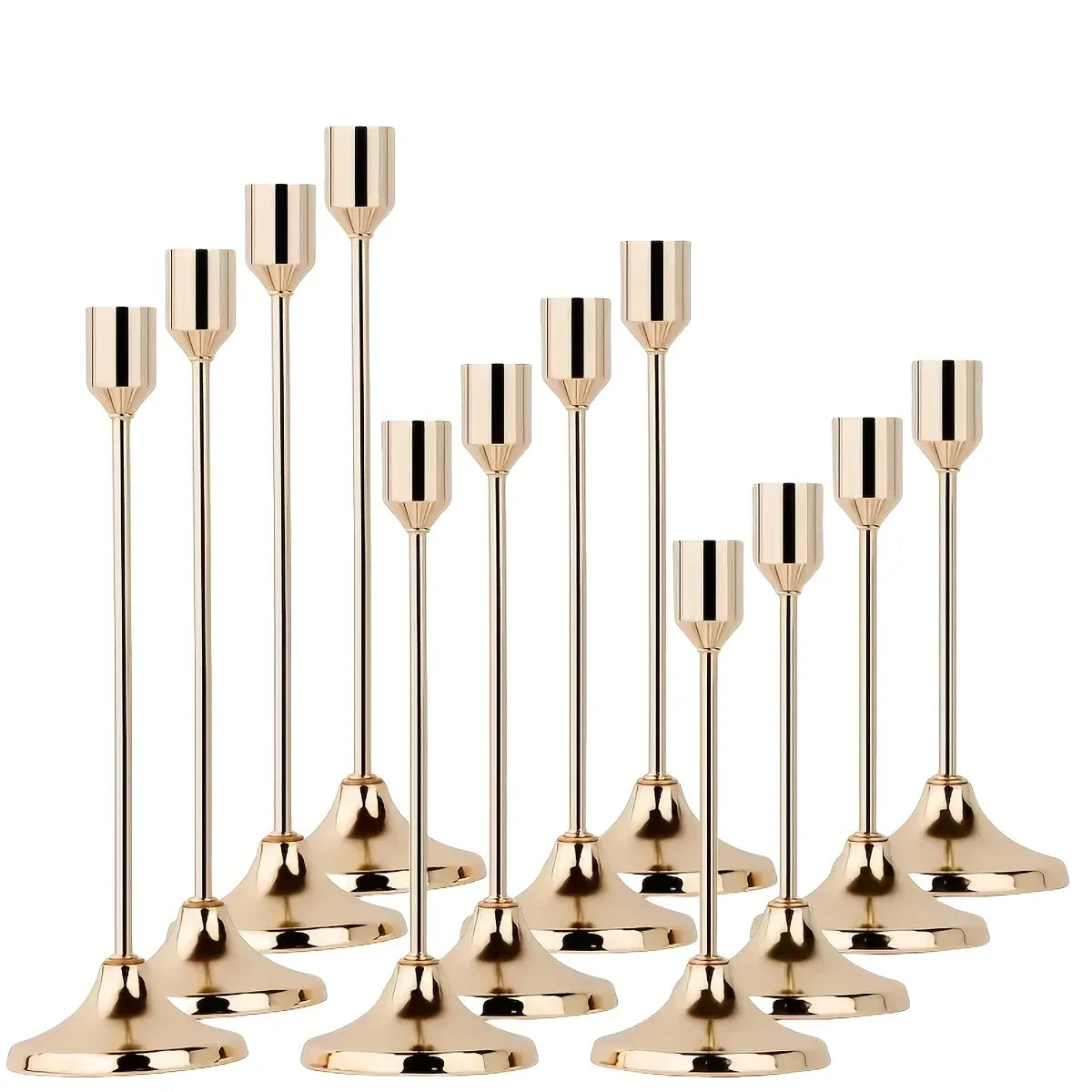 A set of twelve elegant gold-toned metal candle holders with slender stems and flared bases.
