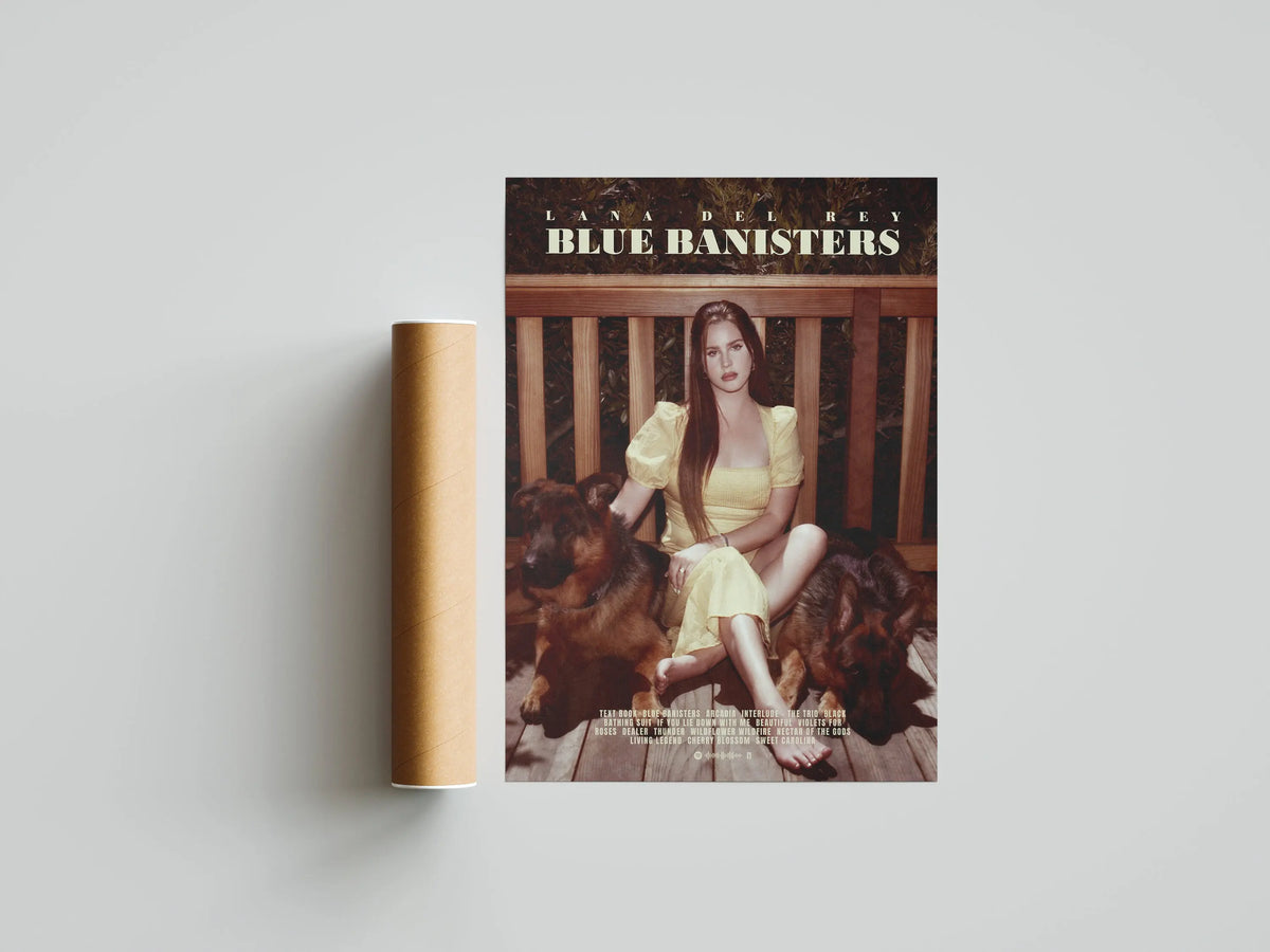 Album cover art for Blue Banisters featuring a woman in yellow sitting among dark brown dogs.