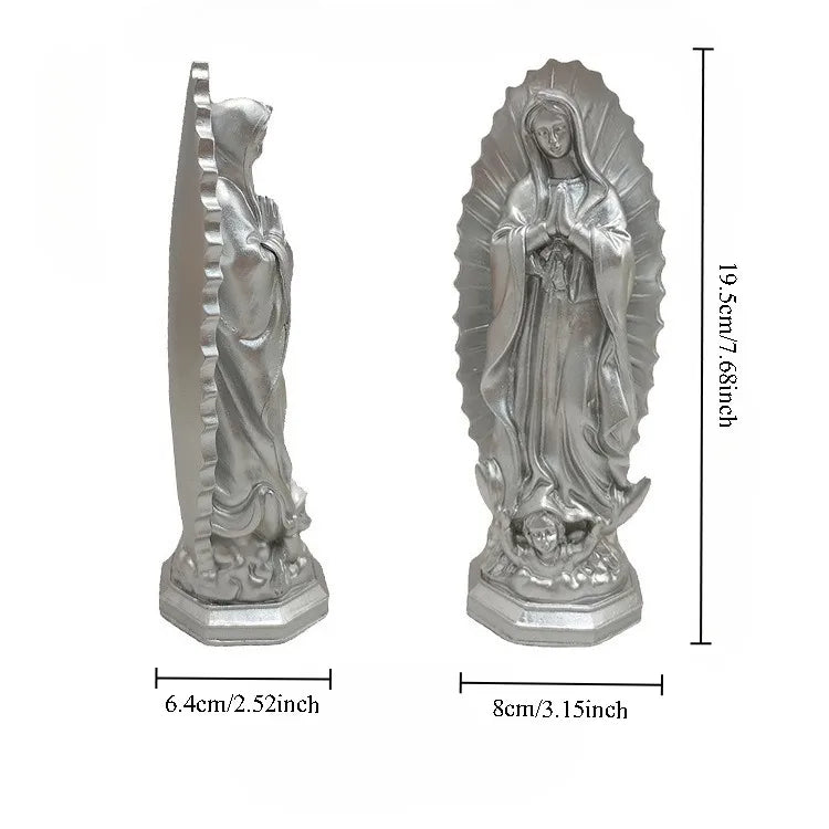Silver resin statue of Our Lady of Guadalupe with a halo and draped clothing