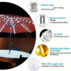 Patio umbrella light featuring a battery case, remote control timer, tie cable, and 104 LEDs for warm white light.
