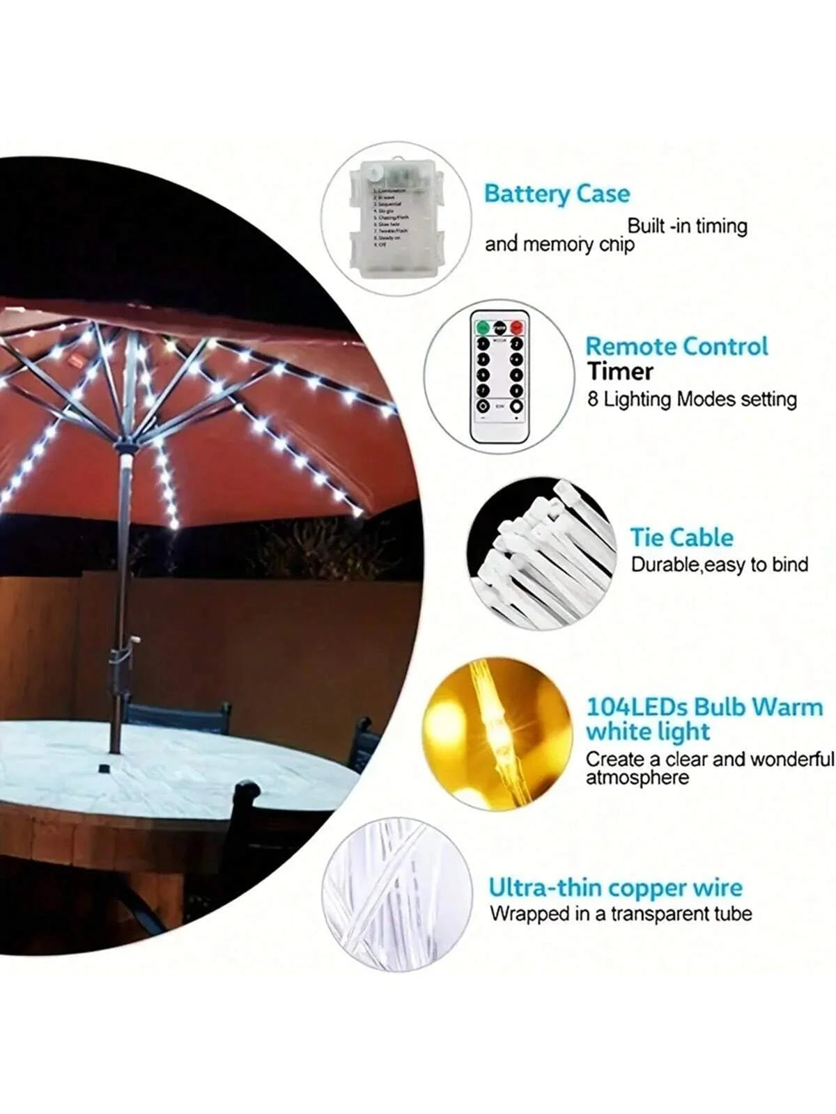 Patio umbrella light featuring a battery case, remote control timer, tie cable, and 104 LEDs for warm white light.