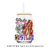 A clear tumbler glass featuring a graphic design of a woman with long hair and pink accents.