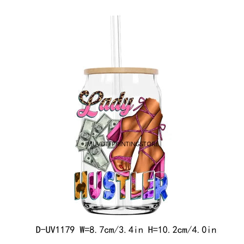 A clear tumbler glass featuring a graphic design of a woman with long hair and pink accents.