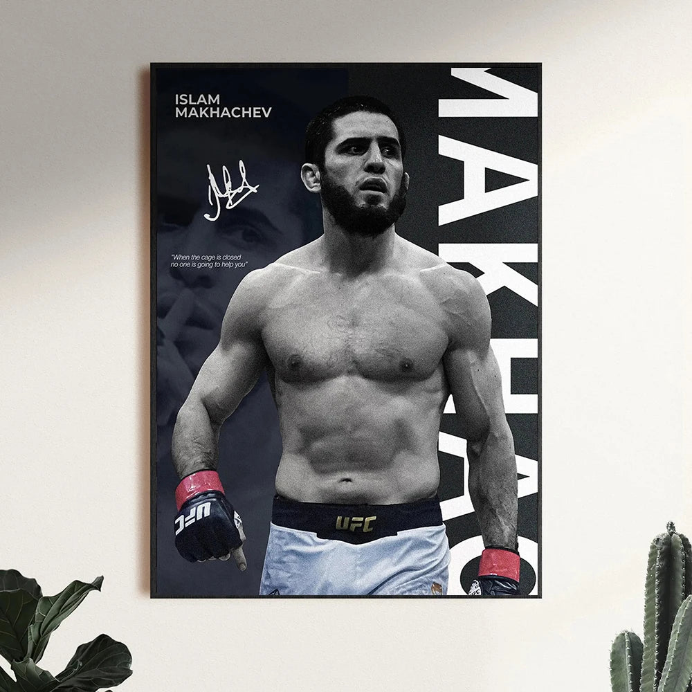 A black and white canvas print of a muscular male fighter with a beard wearing UFC attire.