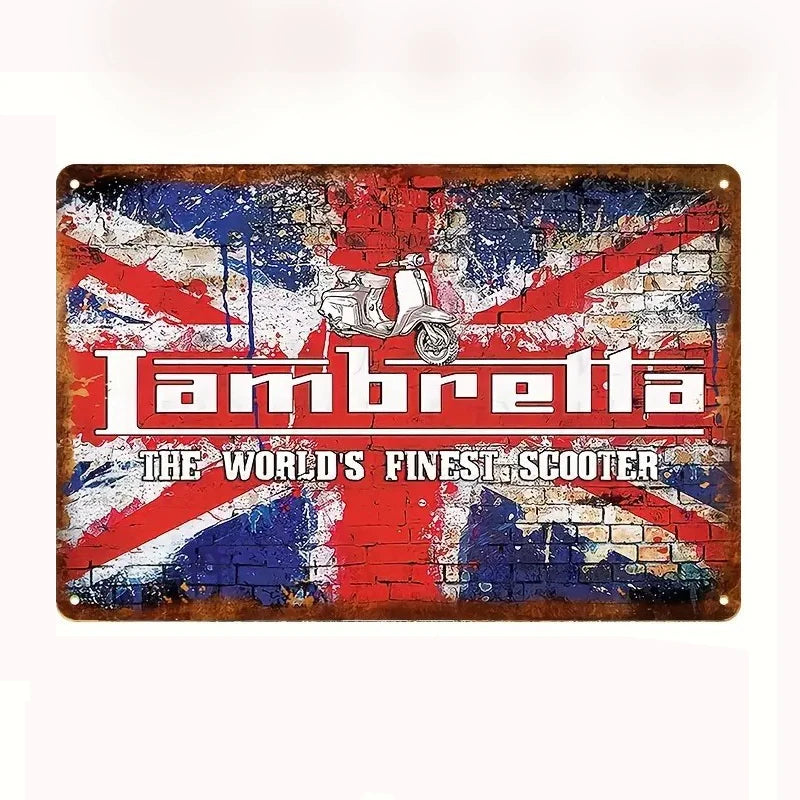 A vintage metal tin sign featuring a red brick background with a distressed Union Jack design and the text Lambrella The Worl