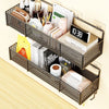A dark brown wire storage basket organizer with multiple compartments for books, cups, snacks, and small items.