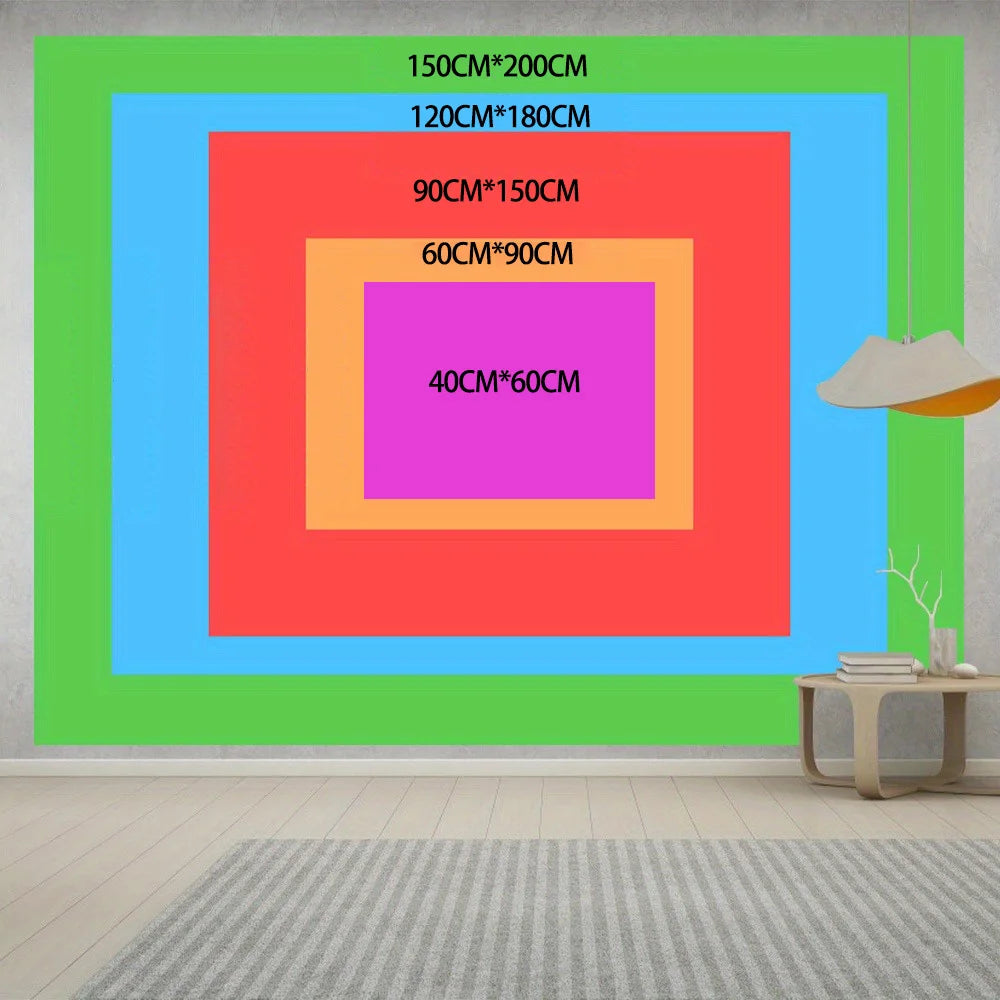 Décor mural en tapisserie superposée et colorée avec des cadres rectangulaires concentriques dans des tons de vert, bleu, rou