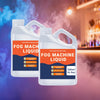 Two white bottles of fog machine liquid are shown against a blurred background with smoke effects.