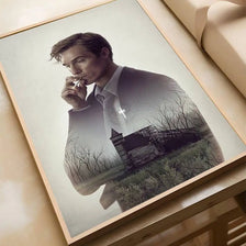 A movie poster featuring a man in a suit looking thoughtfully, with a silhouette of a house and trees in the background.