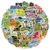 A circular collage of 50 USA map cartoon stickers featuring various states and locations.