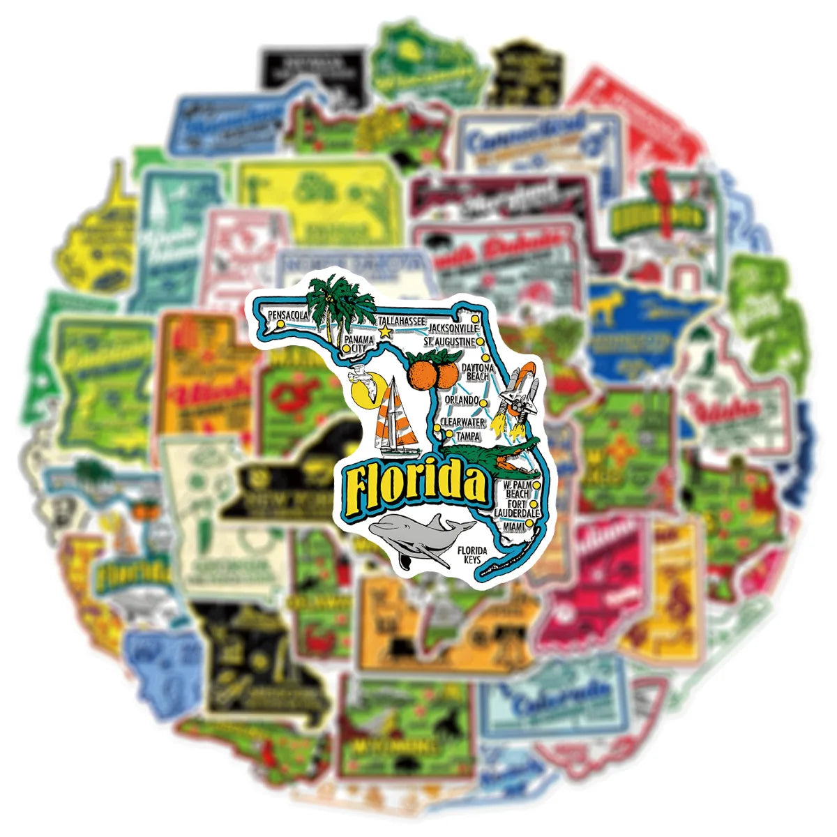 A circular collage of 50 USA map cartoon stickers featuring various states and locations.