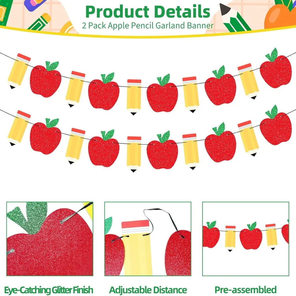 A 2 pack apple pencil garland banner featuring red apples and yellow pencils for a back to school theme