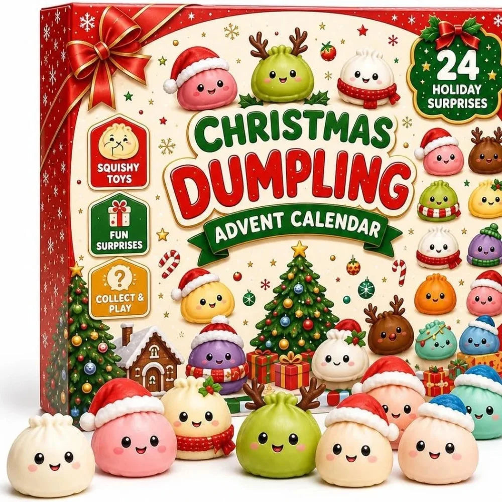 A box of Christmas Dumpling Advent Calendar featuring 24 squishy toys and festive holiday surprises.