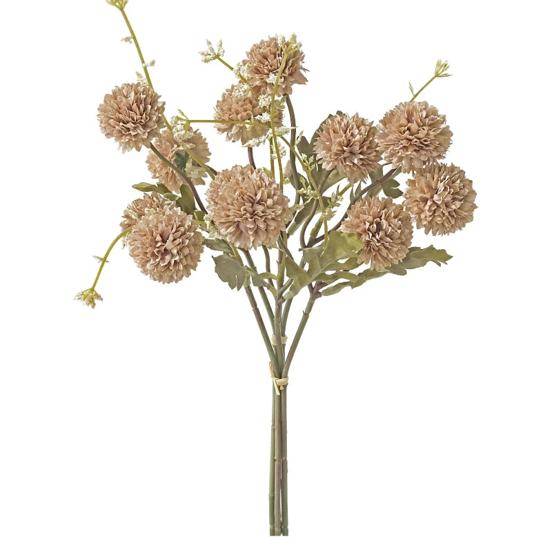 A bouquet of dried, light brown silk chrysanthemum artificial flowers on a green stem.