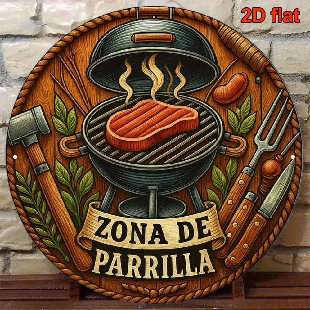 Vintage BBQ metal sign featuring a grill design and the text Zona de Parrilla