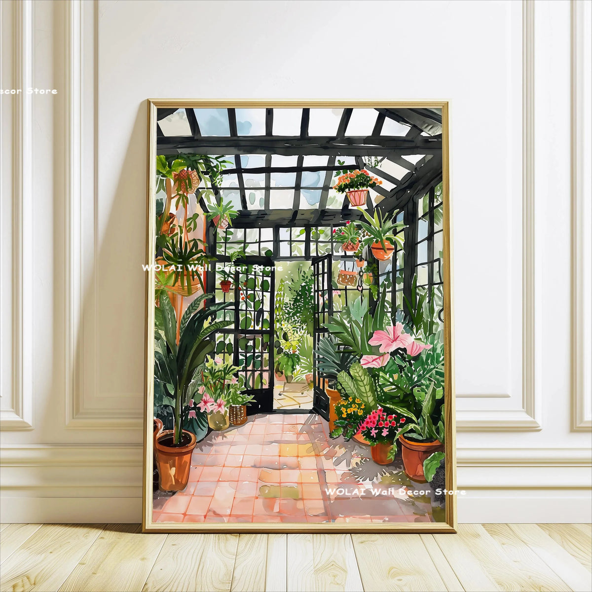 Botanical Philodendron canvas wall art featuring lush green plants and a glass greenhouse structure.