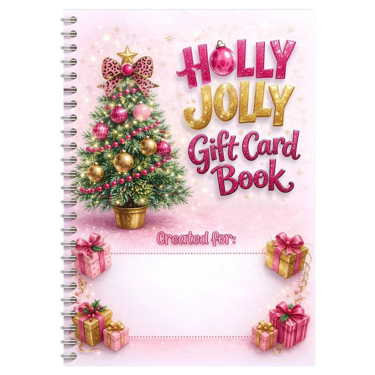 A pink and gold gift card book featuring a festive Christmas tree decorated with ornaments and text that reads Holly Jolly Gi