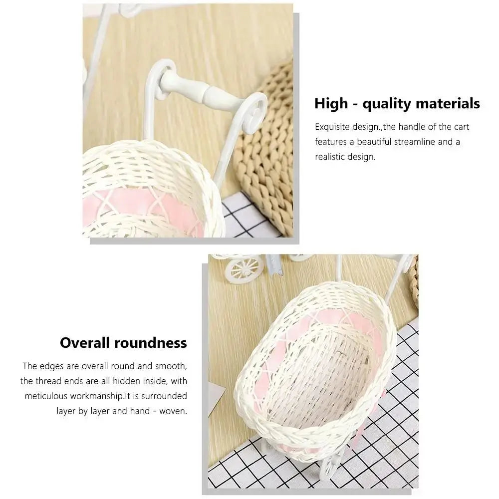 A white faux rattan woven storage basket with a handle shown in a close-up view.