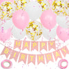 A set of black and gold birthday party decorations including balloons and a banner.