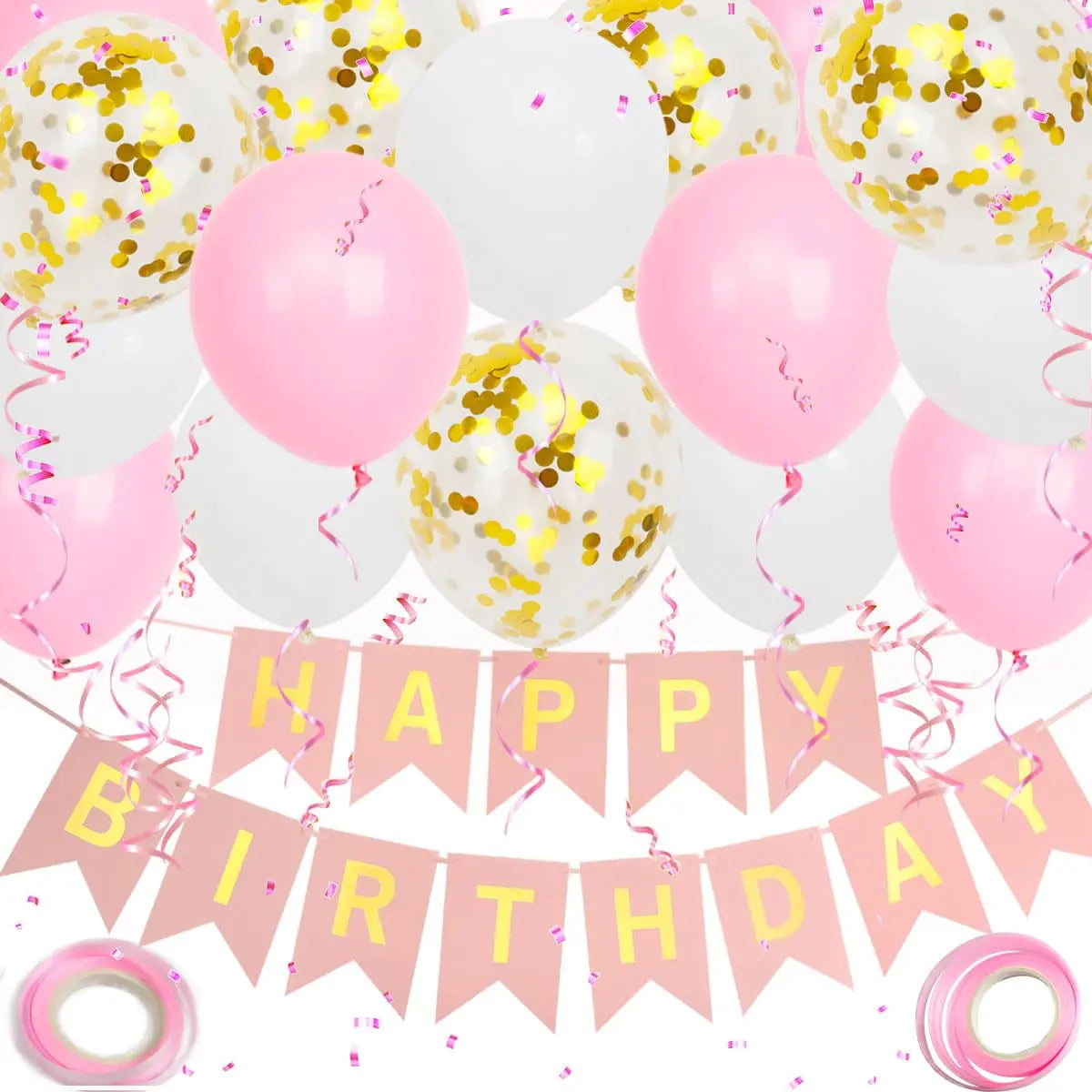 A set of black and gold birthday party decorations including balloons and a banner.