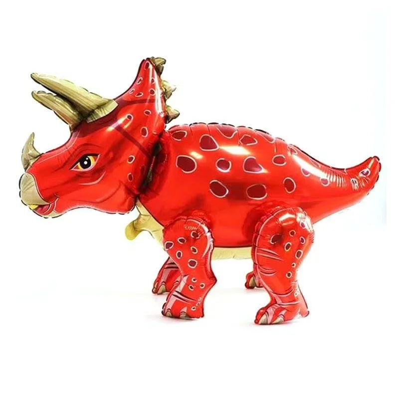 A bright red dinosaur balloon decoration with horns and spotted skin.