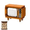A vintage home building block set featuring six miniature furniture and appliance models built from orange blocks.