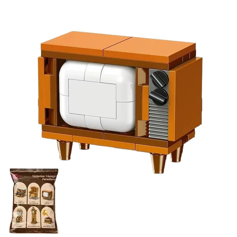 A vintage home building block set featuring six miniature furniture and appliance models built from orange blocks.