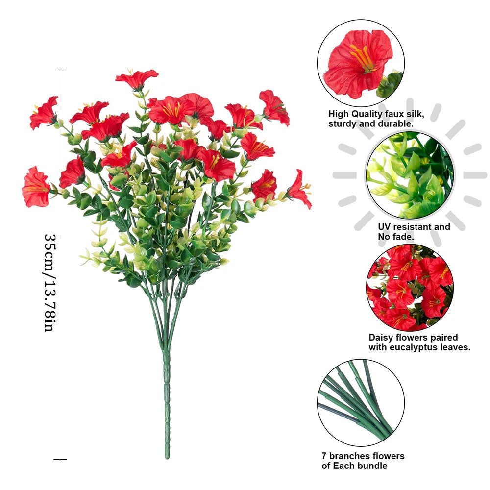 A bouquet of red faux silk flowers with eucalyptus leaves, featuring 7 branches per bundle.