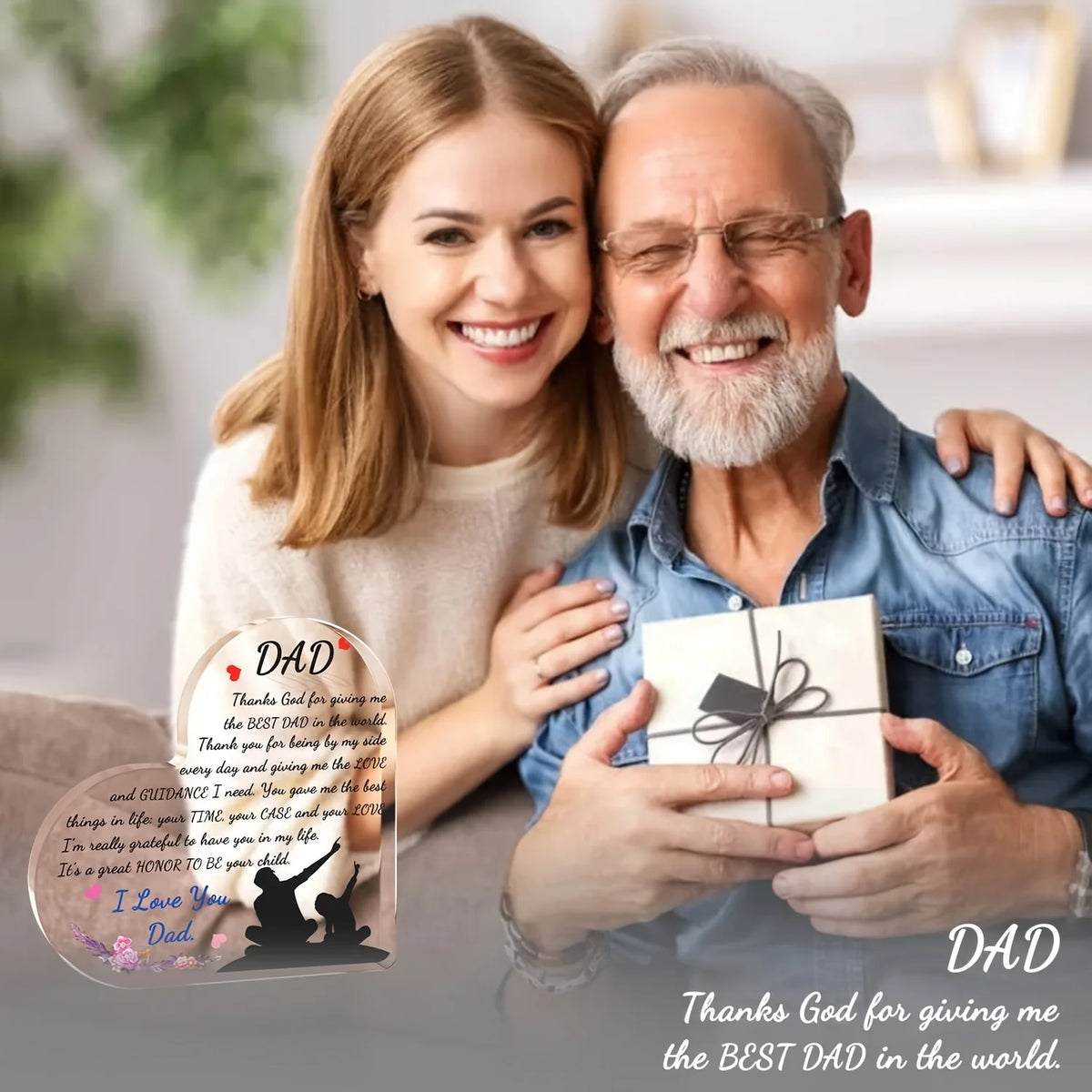 A smiling woman and man hugging, with a gift box and a card featuring a message for Dad.