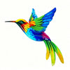 A vibrant, iridescent metal hummingbird wall art featuring bright blue, green, and yellow feathers.