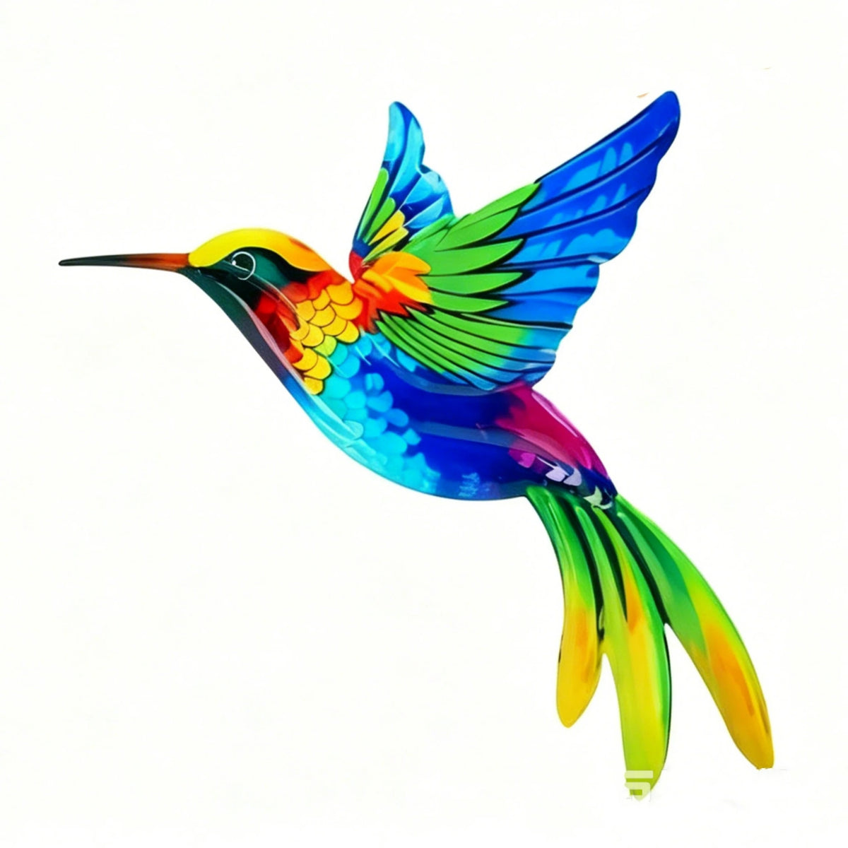 A vibrant, iridescent metal hummingbird wall art featuring bright blue, green, and yellow feathers.