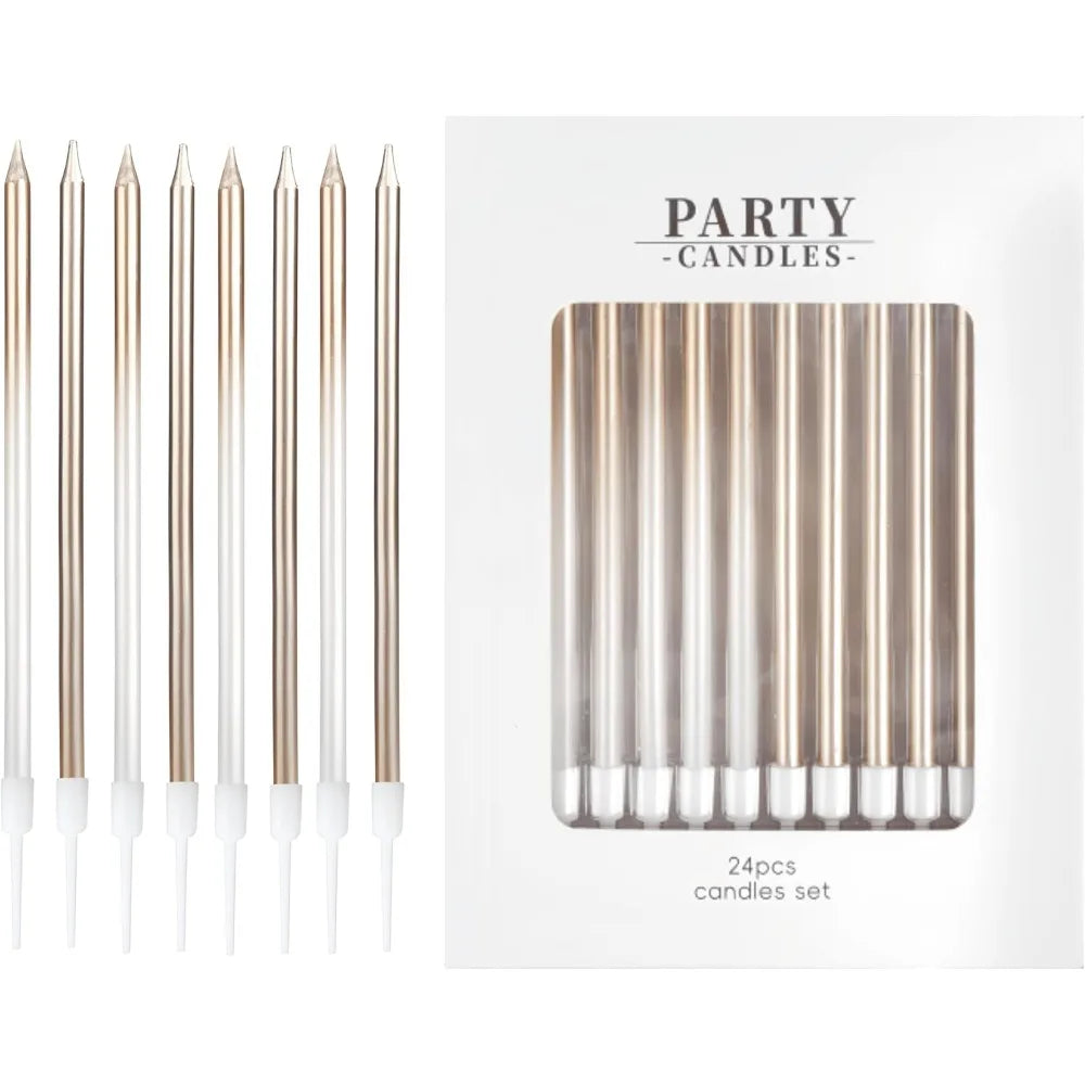 A set of 24 party candles in a metallic finish displayed on a white background.