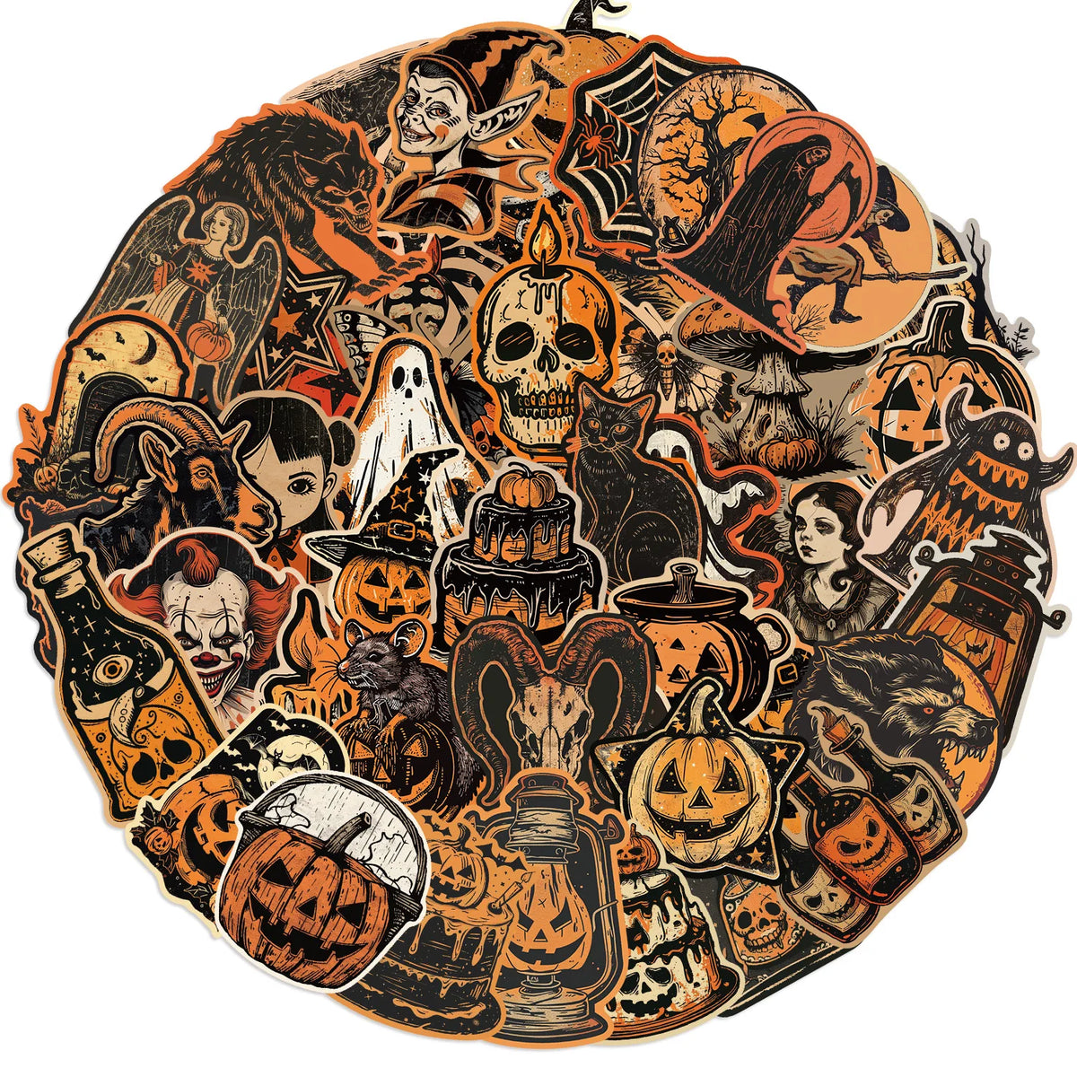 A collection of retro graffiti aesthetic stickers featuring Halloween and spooky themes on an orange background.